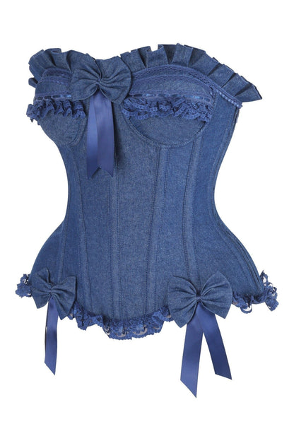 Top Drawer Dark Blue Denim Underwire Steel Boned Burlesque Corset w/Bows