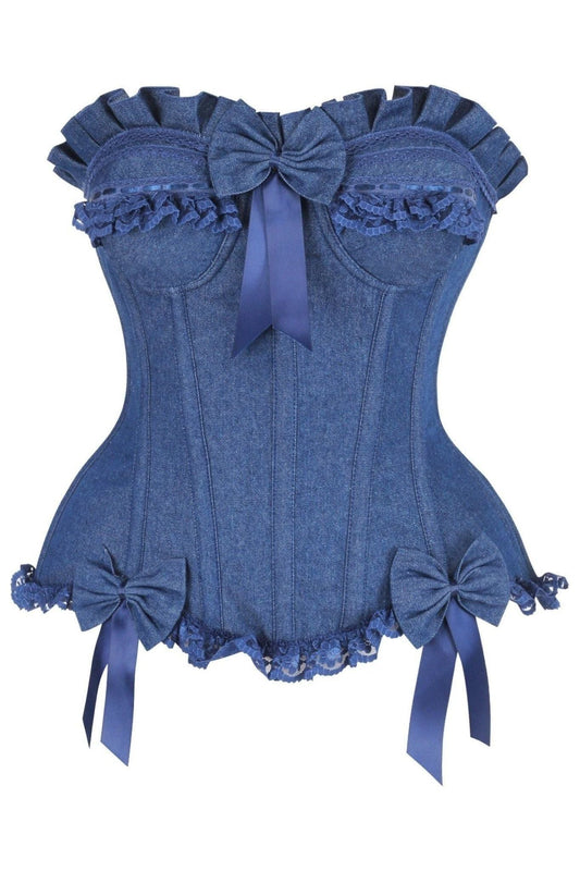Top Drawer Dark Blue Denim Underwire Steel Boned Burlesque Corset w/Bows.
