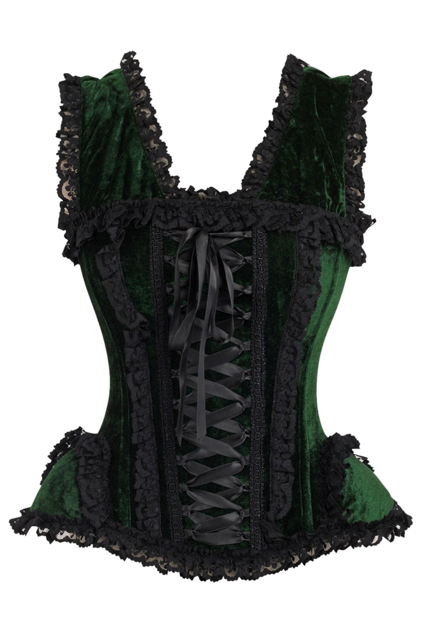 Top Drawer Dark Green Velvet & Lace Steel Boned Corset w/Cap Sleeves.