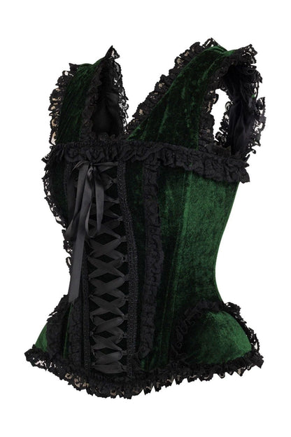 Top Drawer Dark Green Velvet & Lace Steel Boned Corset w/Cap Sleeves.