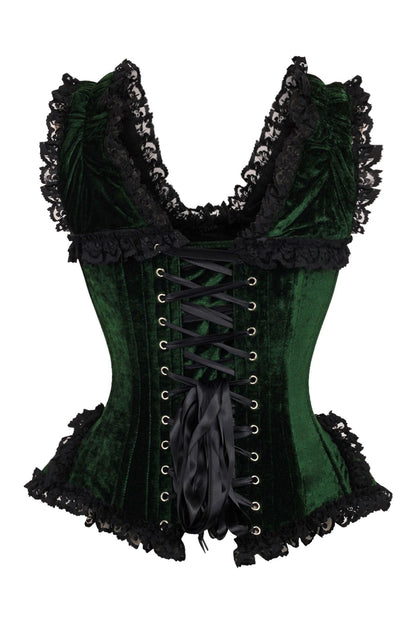 Top Drawer Dark Green Velvet & Lace Steel Boned Corset w/Cap Sleeves.
