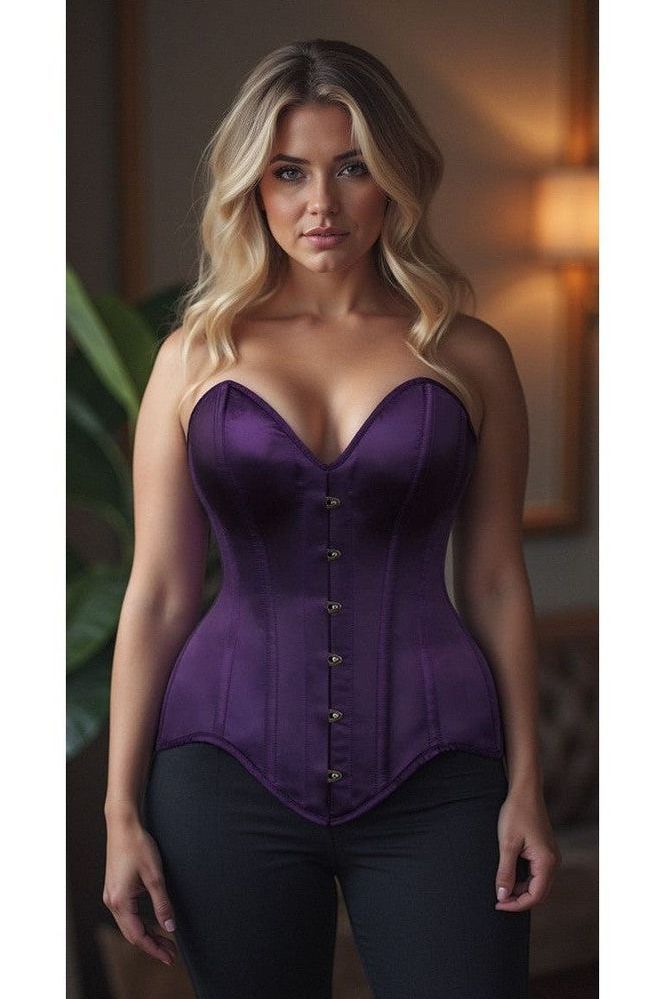 Top Drawer Dark Purple Satin Steel Boned Overbust Corset