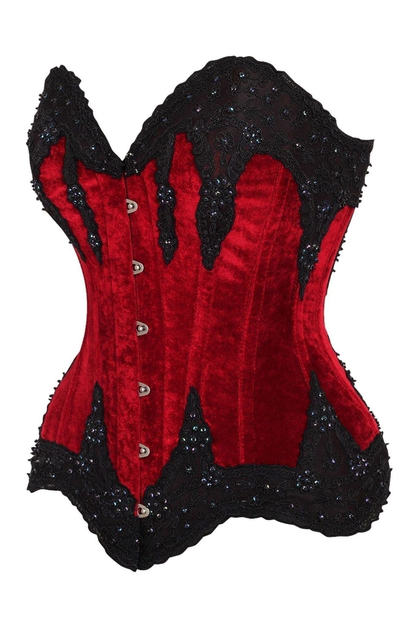 Top Drawer Dark Red Velvet & Beaded Steel Boned Overbust Corset.