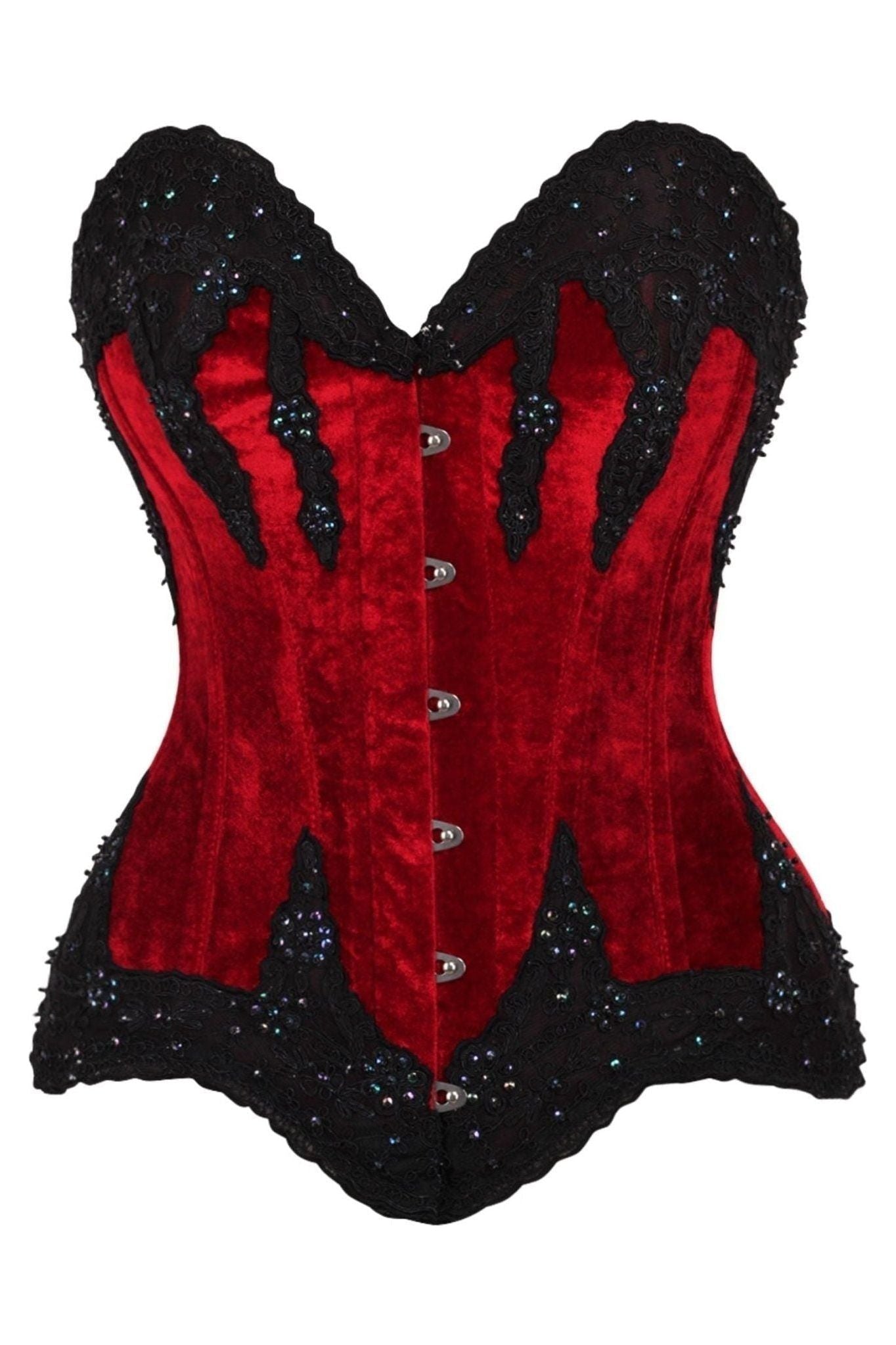 Top Drawer Dark Red Velvet & Beaded Steel Boned Overbust Corset.