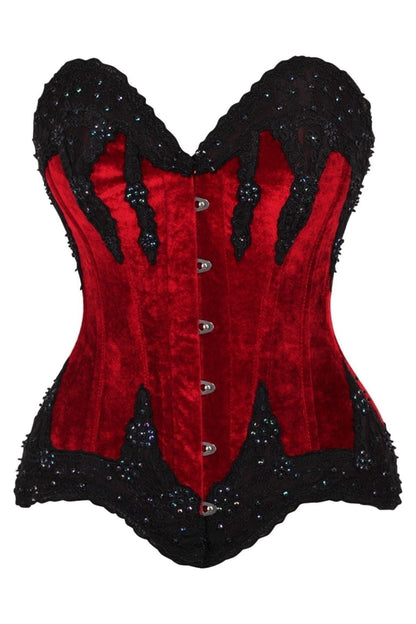 Top Drawer Dark Red Velvet & Beaded Steel Boned Overbust Corset.