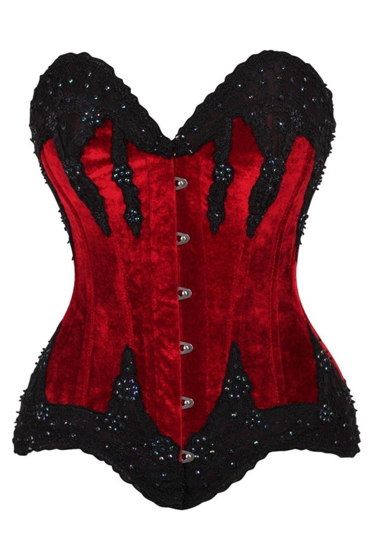 Top Drawer Dark Red Velvet & Beaded Steel Boned Overbust Corset.