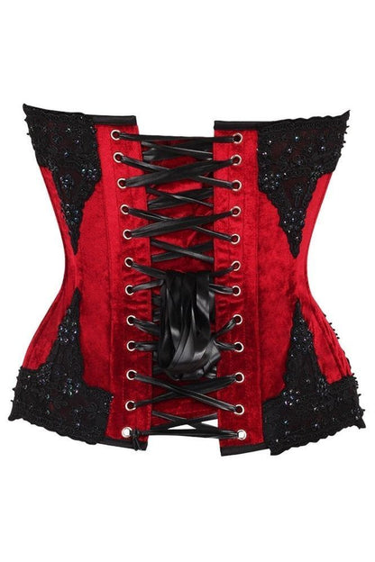 Top Drawer Dark Red Velvet & Beaded Steel Boned Overbust Corset