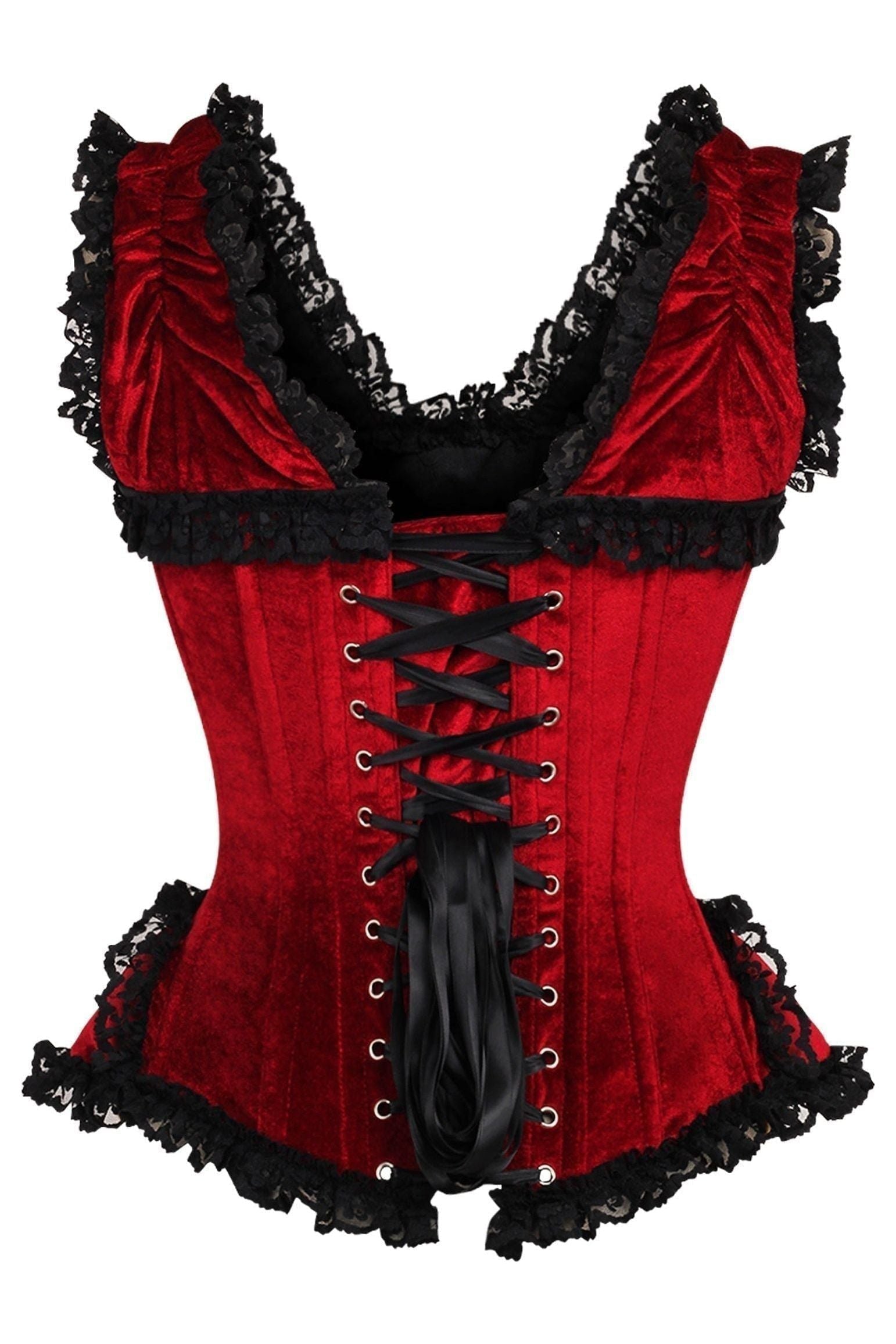 Top Drawer Dark Red Velvet & Lace Steel Boned Corset w/Cap Sleeves.