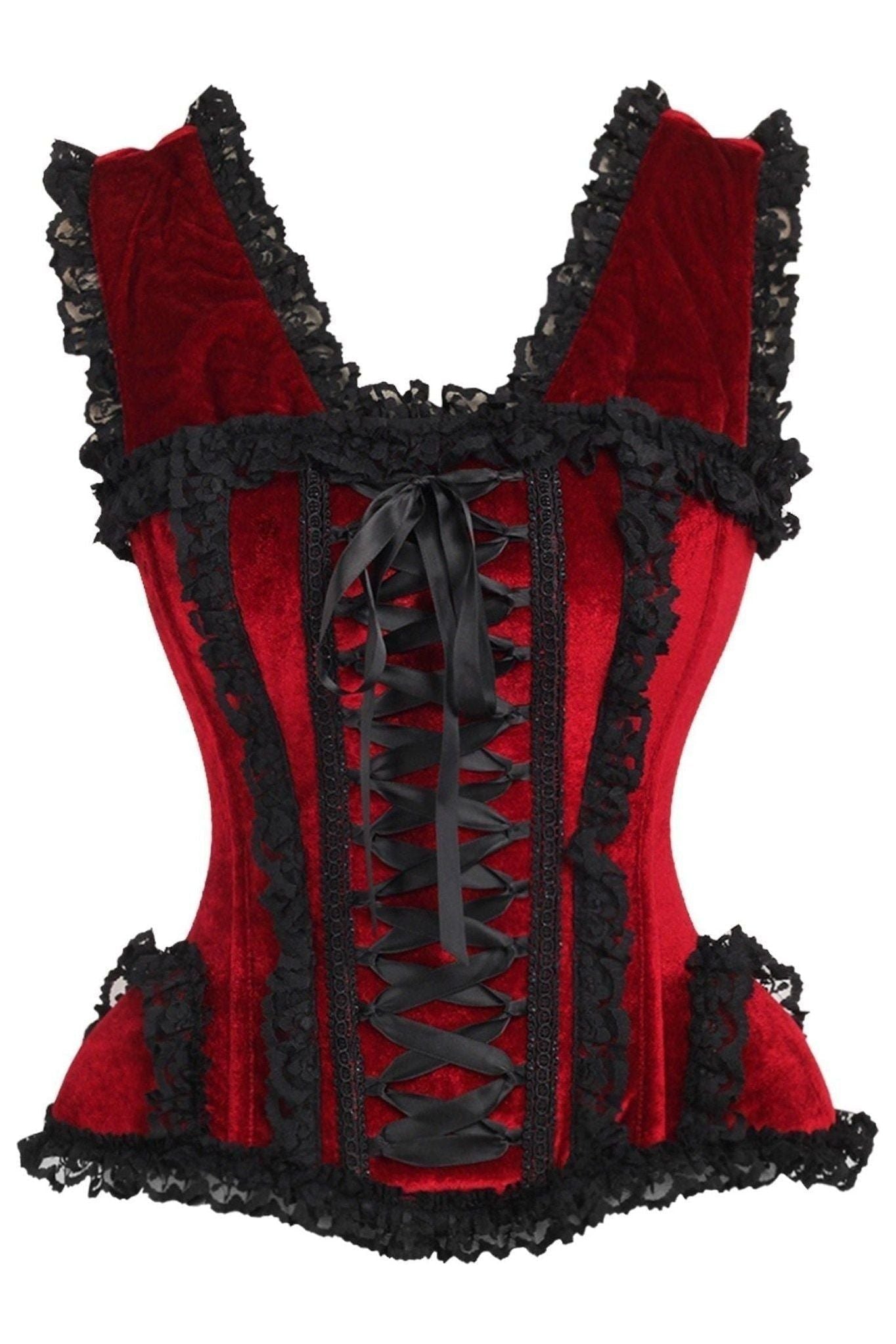 Top Drawer Dark Red Velvet & Lace Steel Boned Corset w/Cap Sleeves.