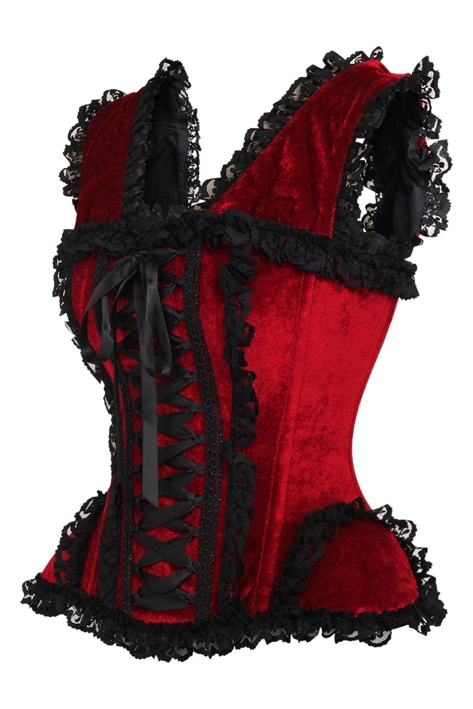 Top Drawer Dark Red Velvet & Lace Steel Boned Corset w/Cap Sleeves.