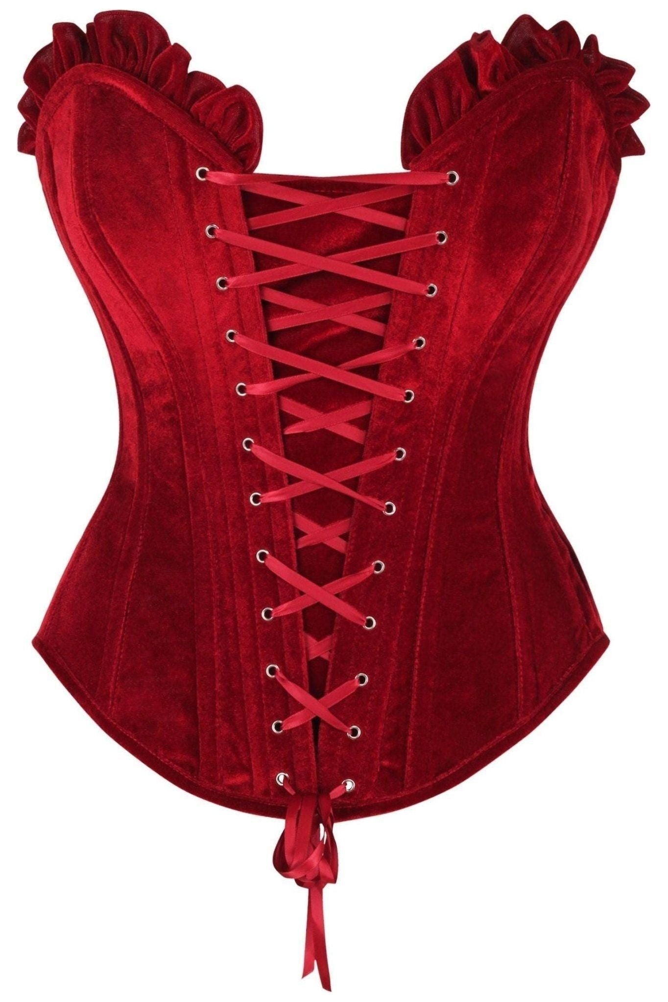 Top Drawer Dark Red Velvet Lace-Up Steel Boned Overbust Corset.