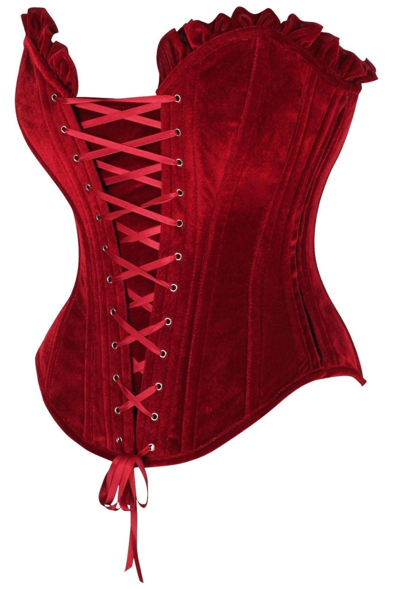Top Drawer Dark Red Velvet Lace-Up Steel Boned Overbust Corset.