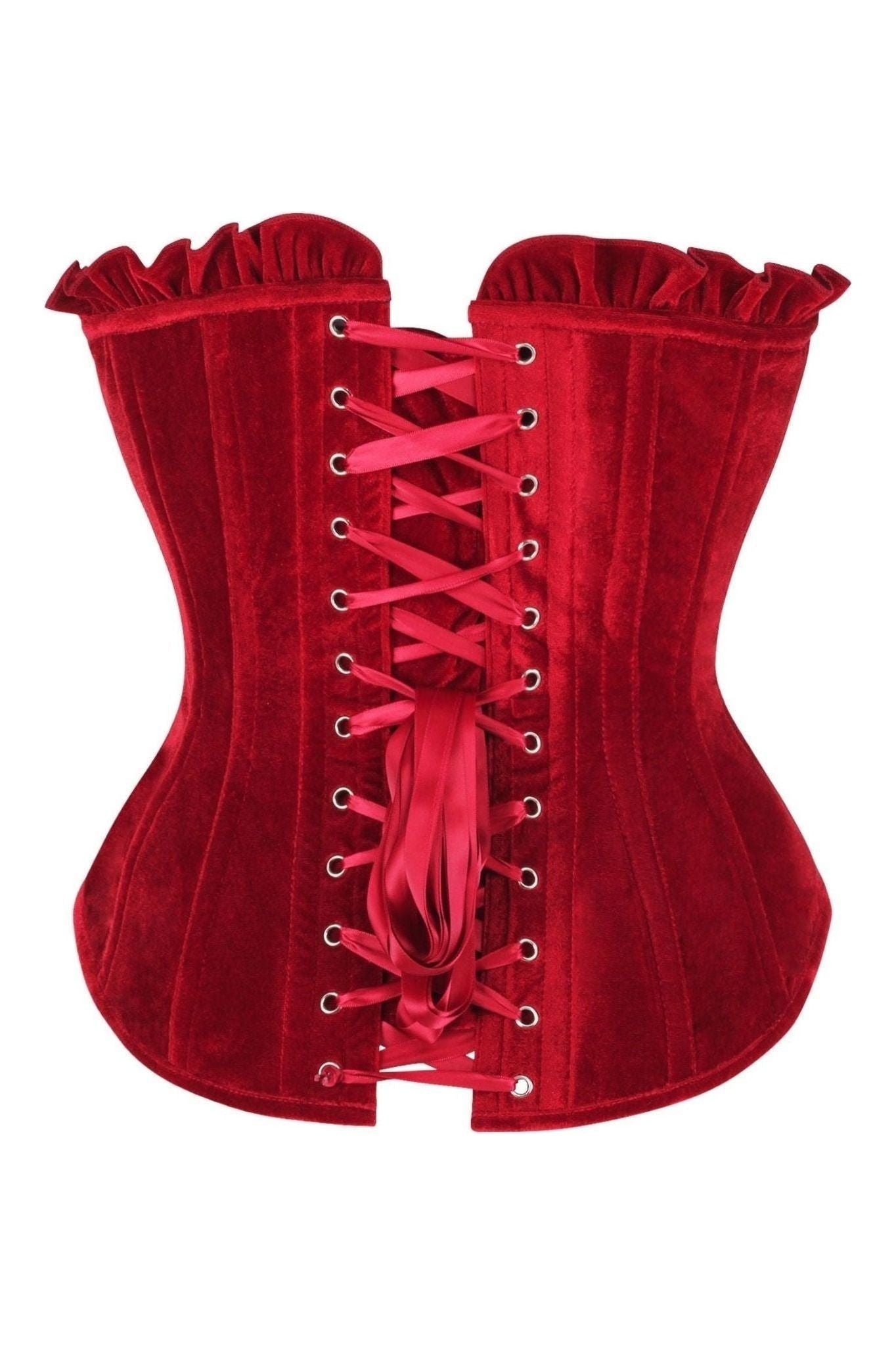 Top Drawer Dark Red Velvet Lace-Up Steel Boned Overbust Corset.