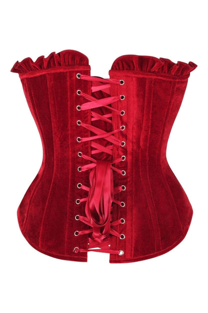 Top Drawer Dark Red Velvet Lace-Up Steel Boned Overbust Corset.