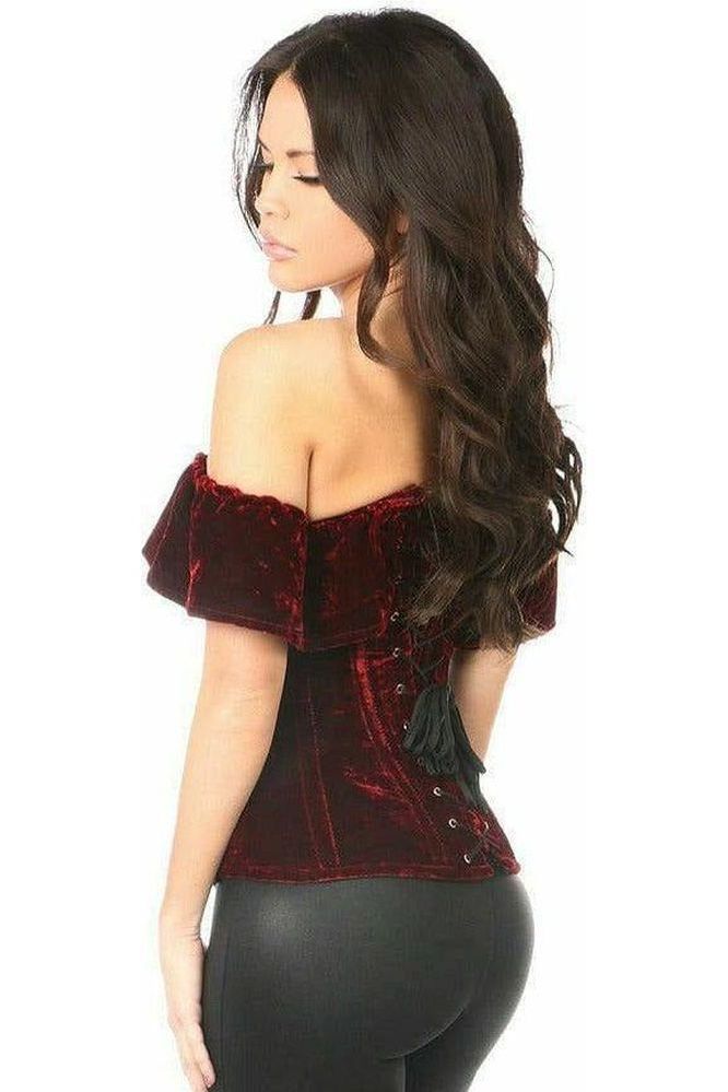 Top Drawer Dark Red Velvet Off-The-Shoulder Steel Boned Corset