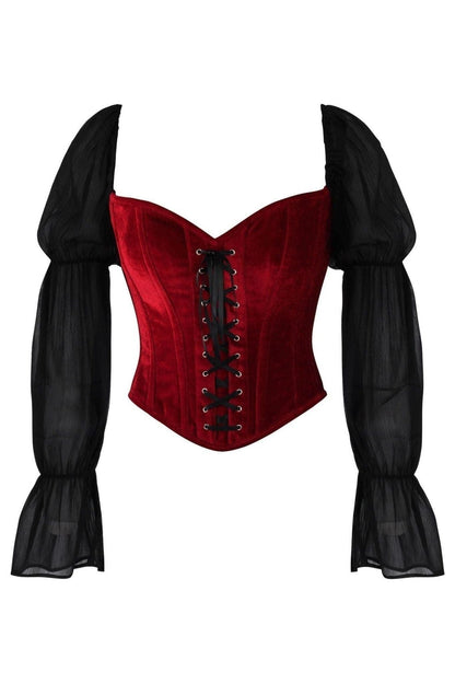 Top Drawer Dark Red Velvet Steel Boned Corset w/Sleeves.