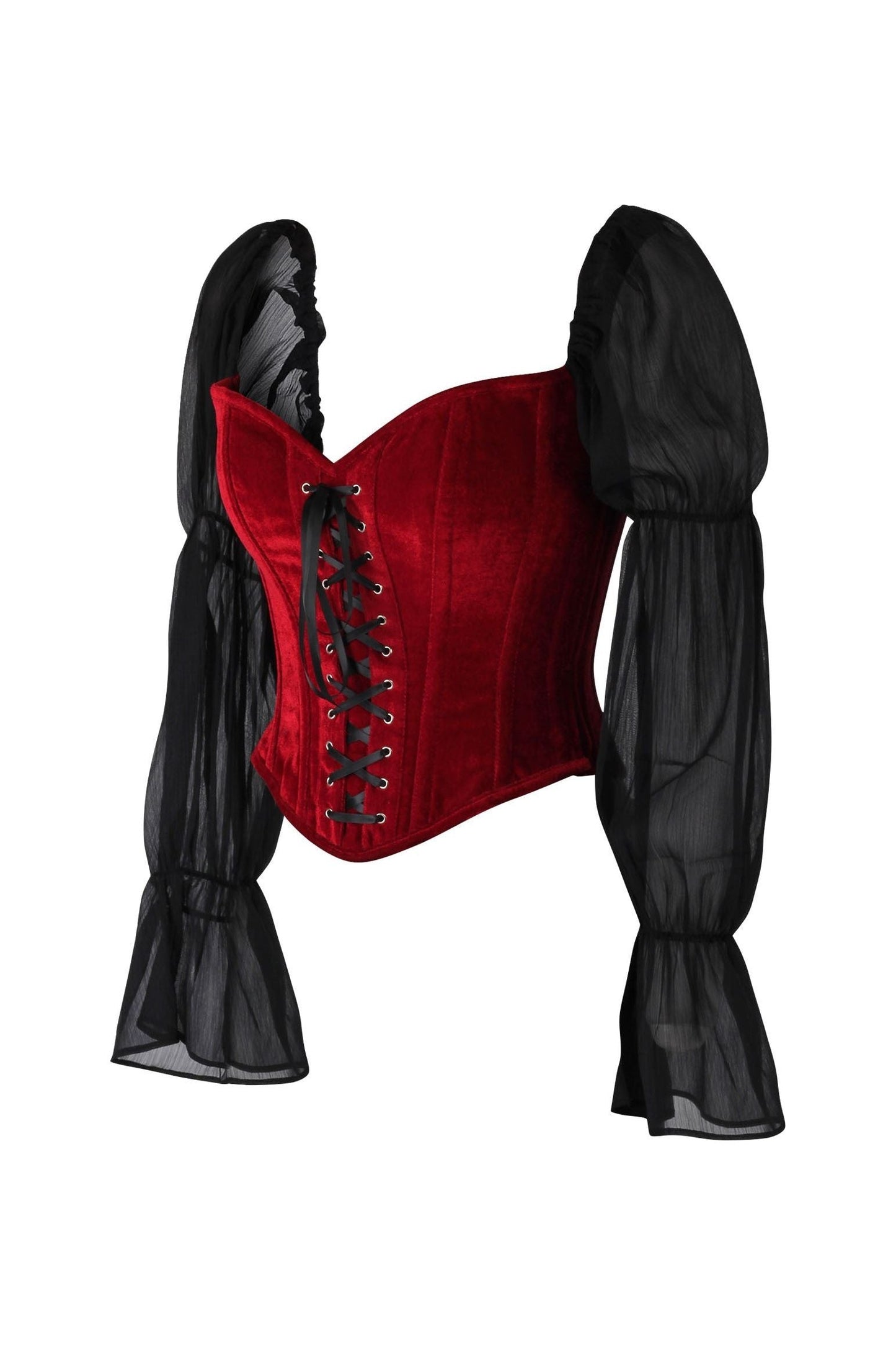 Top Drawer Dark Red Velvet Steel Boned Corset w/Sleeves.