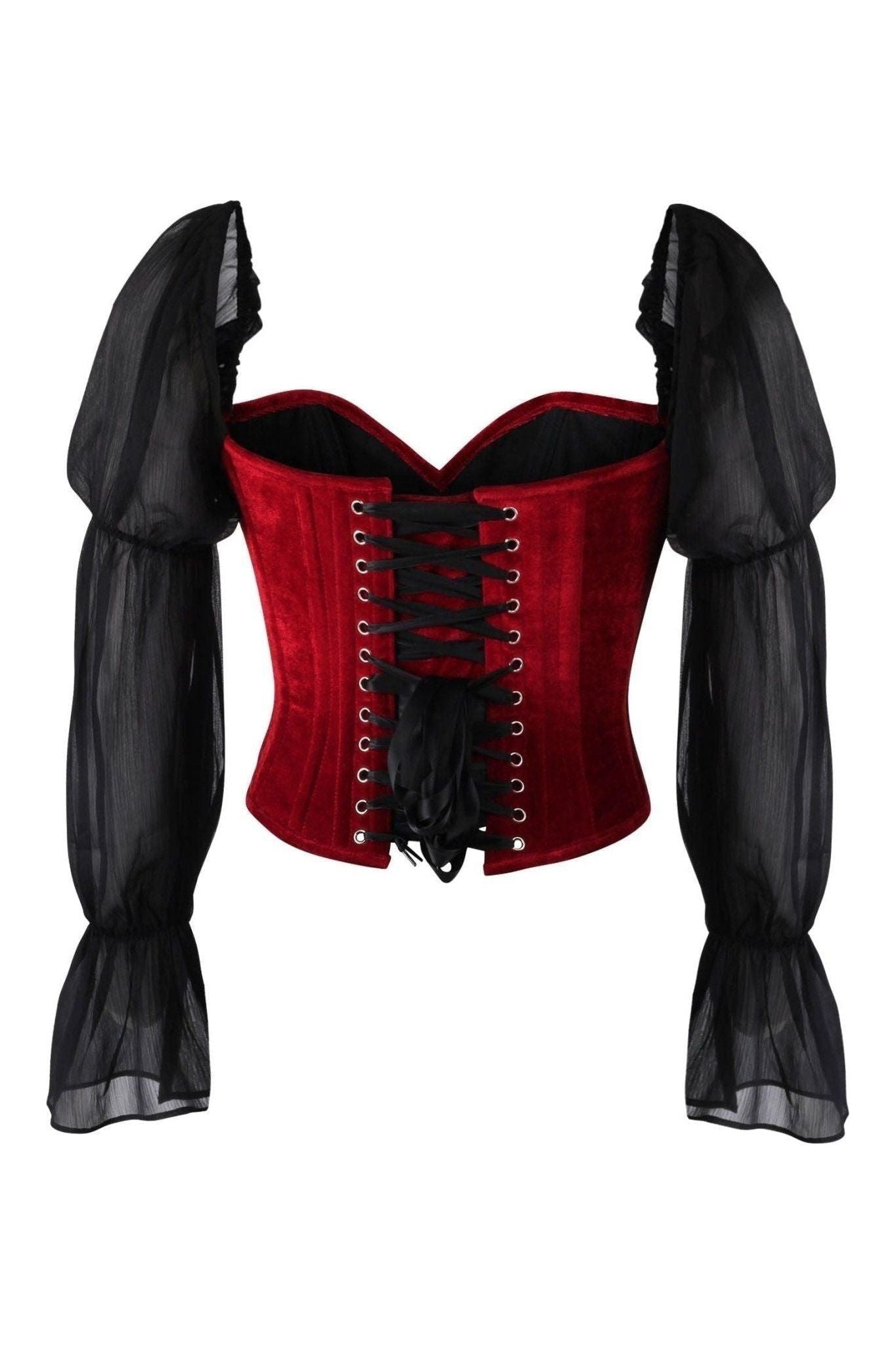 Top Drawer Dark Red Velvet Steel Boned Corset w/Sleeves.