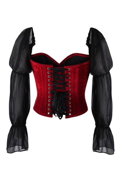 Top Drawer Dark Red Velvet Steel Boned Corset w/Sleeves.