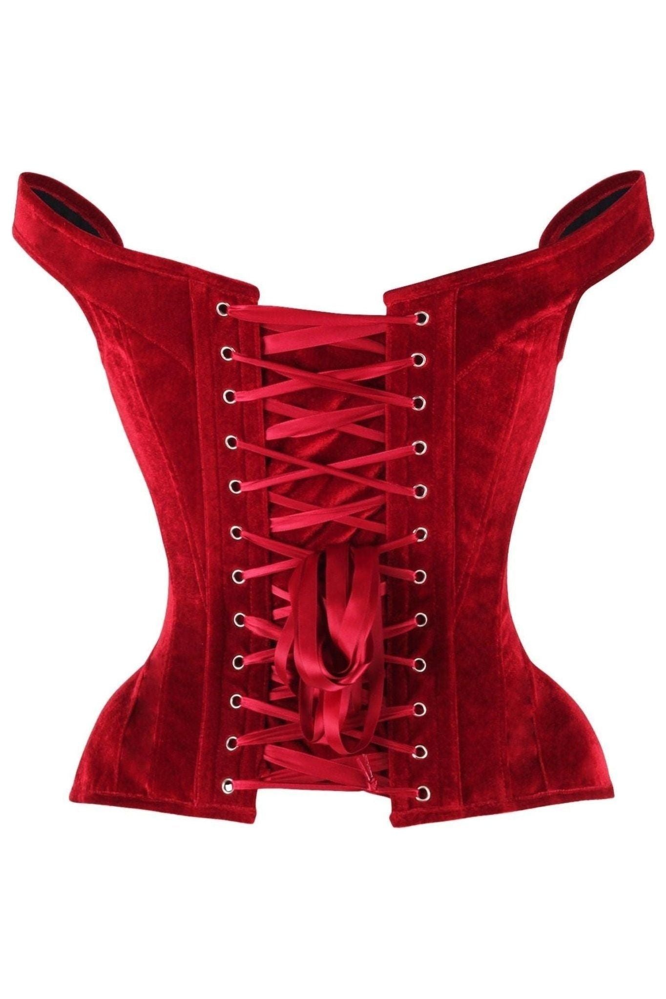 Top Drawer Dark Red Velvet Steel Boned Corset w/Straps.