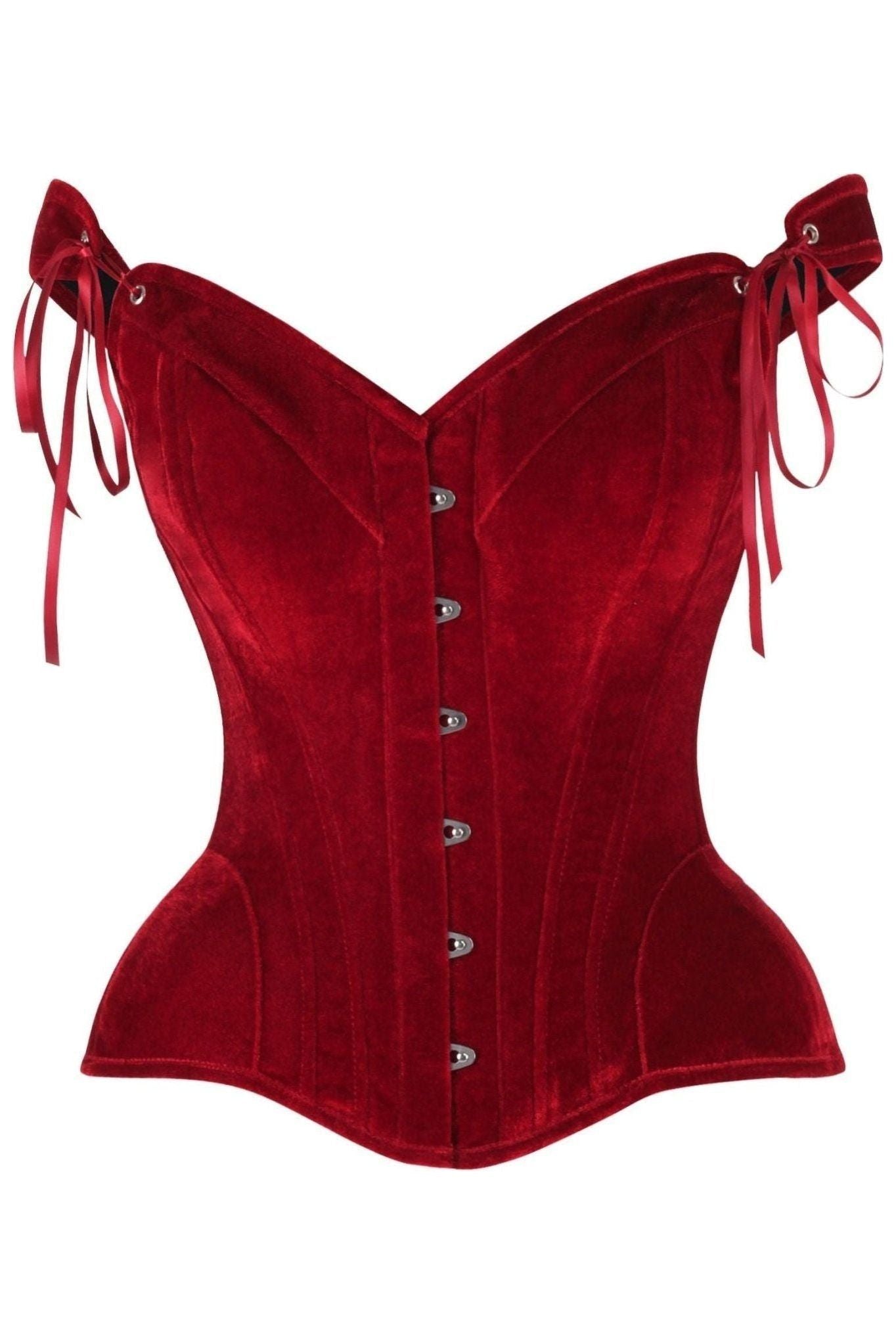 Top Drawer Dark Red Velvet Steel Boned Corset w/Straps.