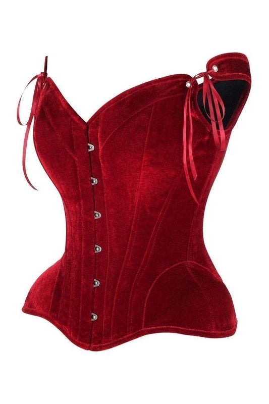Top Drawer Dark Red Velvet Steel Boned Corset w/Straps