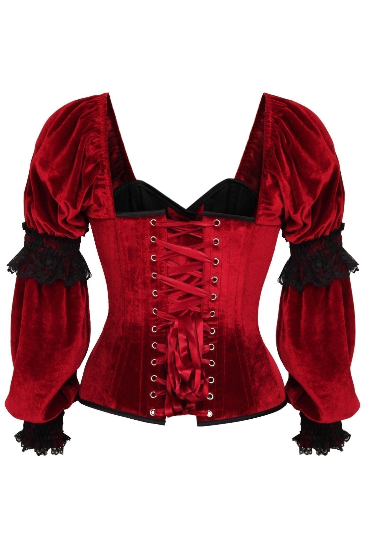 Top Drawer Dark Red Velvet Steel Boned Long Sleeve Corset.