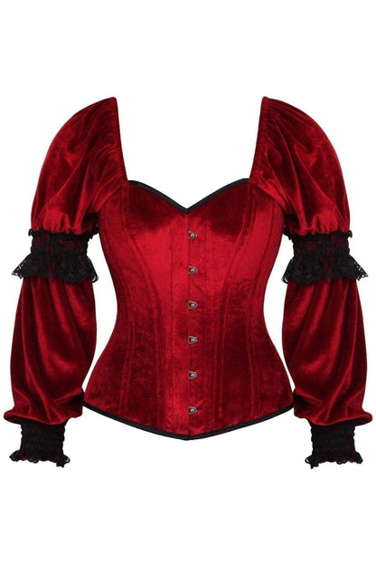 Top Drawer Dark Red Velvet Steel Boned Long Sleeve Corset.