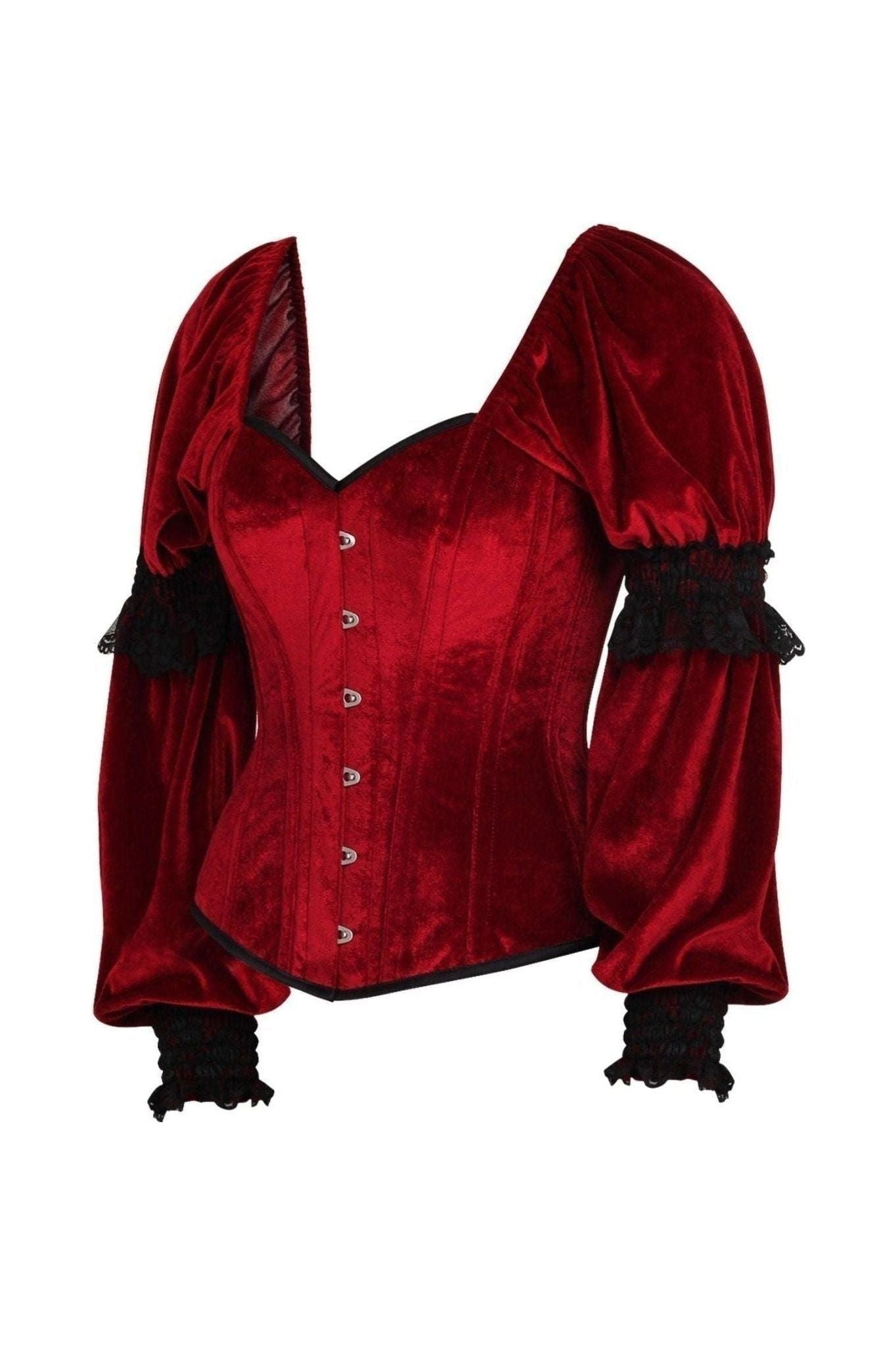 Top Drawer Dark Red Velvet Steel Boned Long Sleeve Corset.