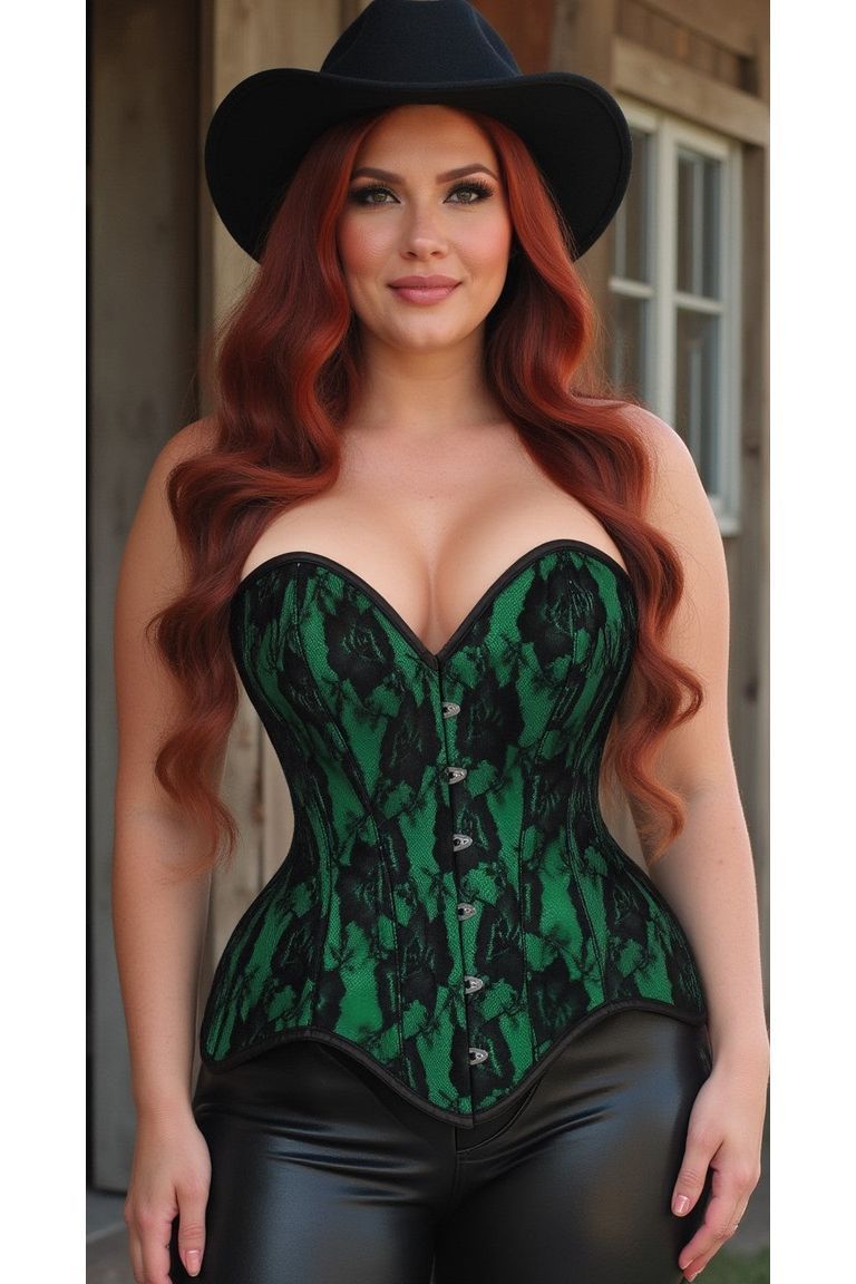 Top Drawer Green Satin w/Black Lace Overlay Steel Boned Overbust Corset