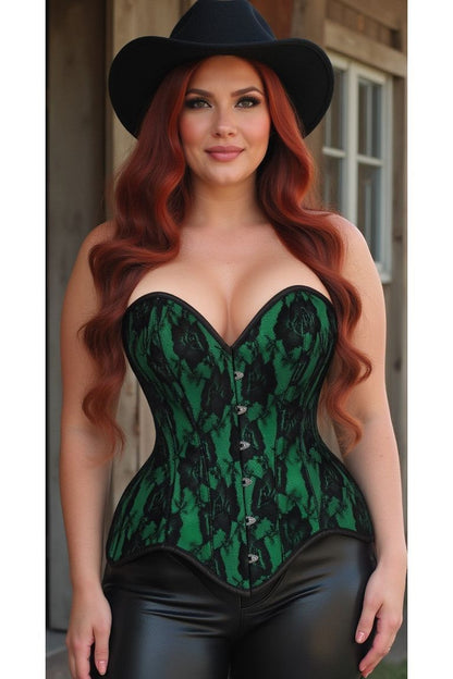Top Drawer Green Satin w/Black Lace Overlay Steel Boned Overbust Corset