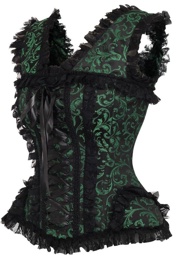 Top Drawer Green/Black Swirl Brocade & Lace Steel Boned Corset w/Cap Sleeves