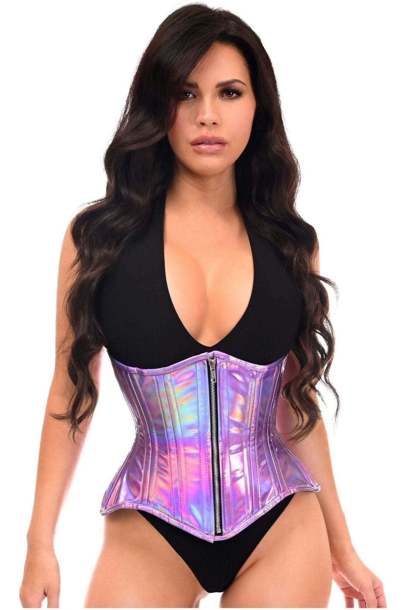 Top Drawer Lavender Holo Double Steel Boned Underbust Waist Cincher Corset.