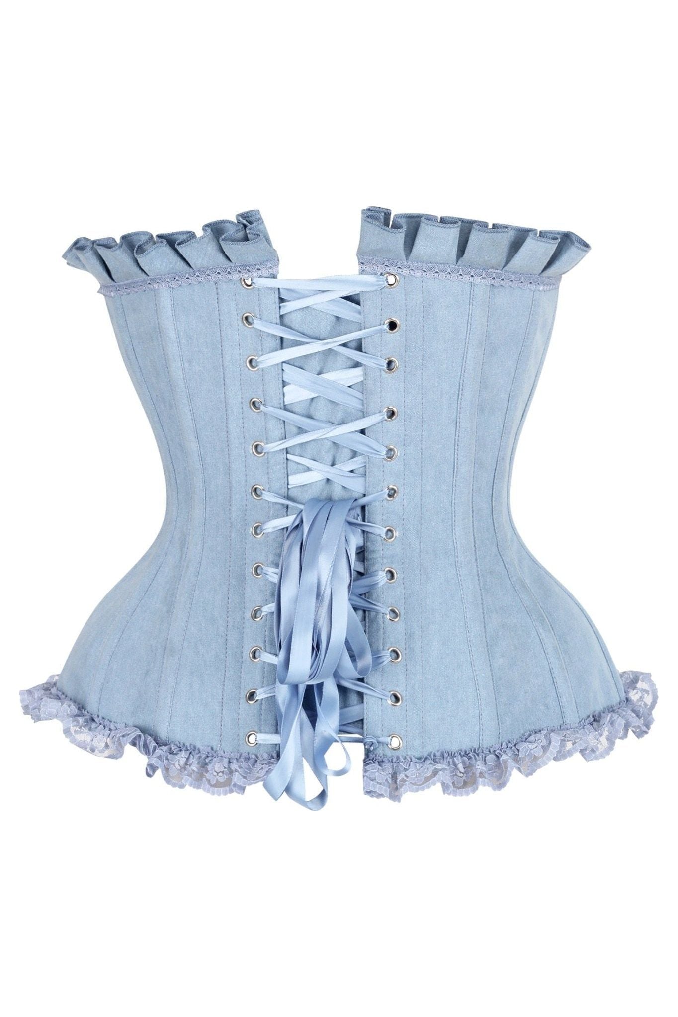 Top Drawer Light Blue Denim Underwire Steel Boned Burlesque Corset w/Bows.