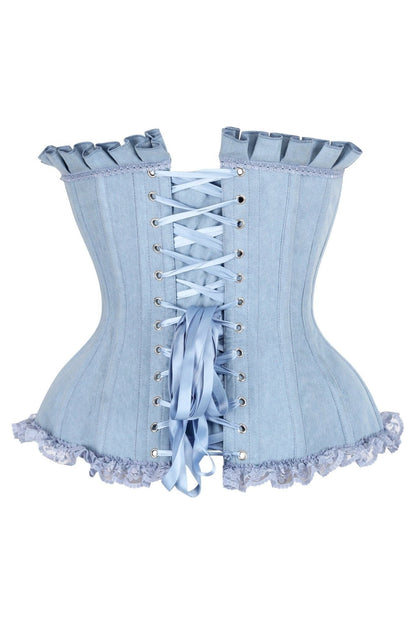 Top Drawer Light Blue Denim Underwire Steel Boned Burlesque Corset w/Bows.