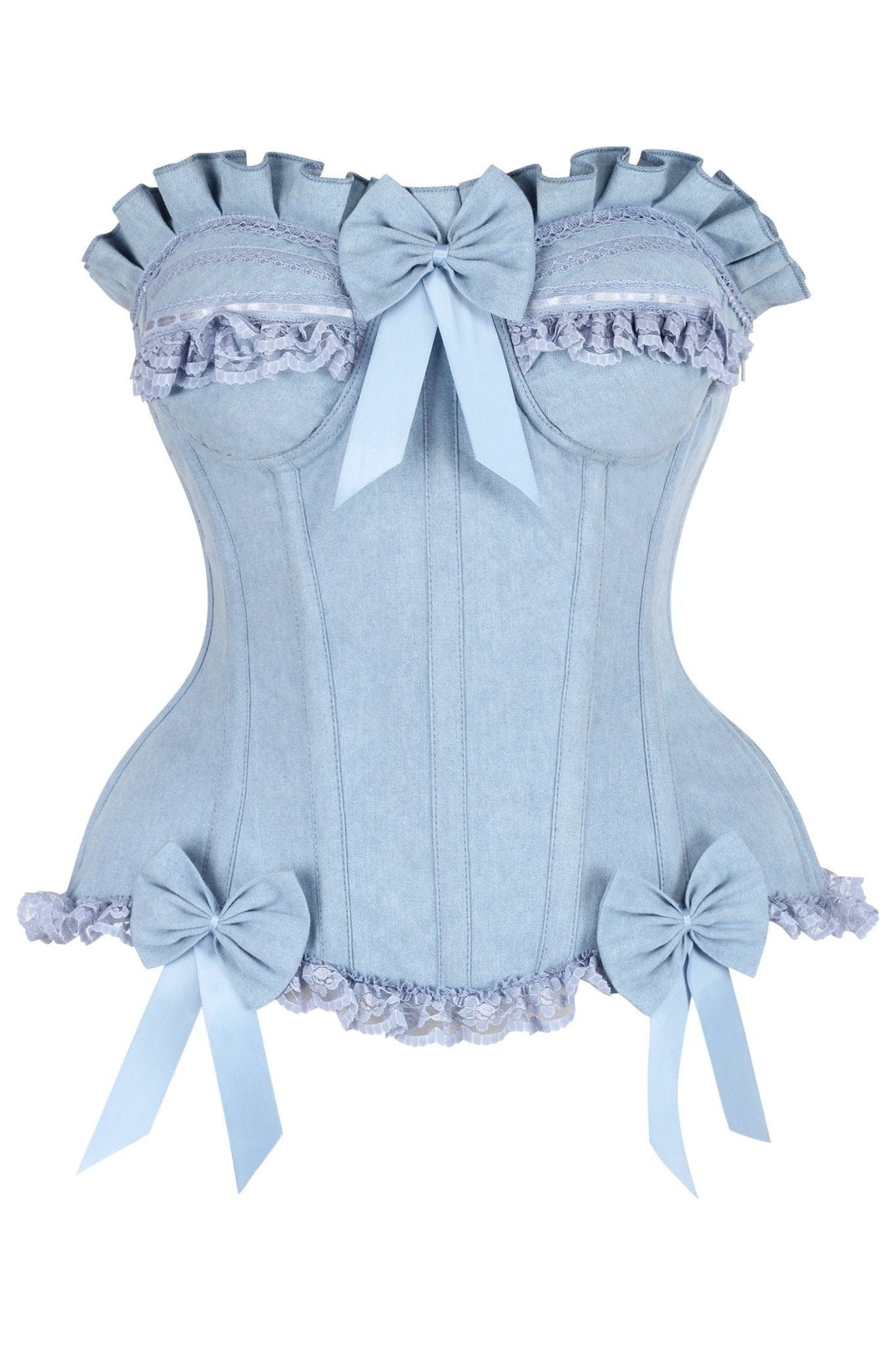 Top Drawer Light Blue Denim Underwire Steel Boned Burlesque Corset w/Bows.