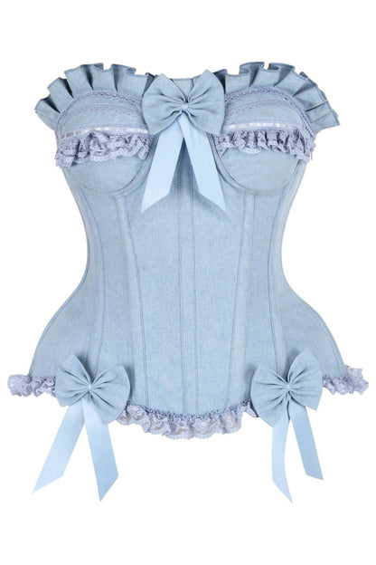 Top Drawer Light Blue Denim Underwire Steel Boned Burlesque Corset w/Bows.