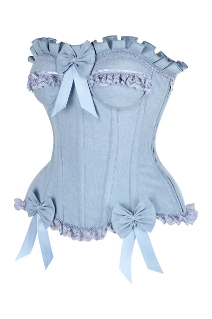 Top Drawer Light Blue Denim Underwire Steel Boned Burlesque Corset w/Bows.