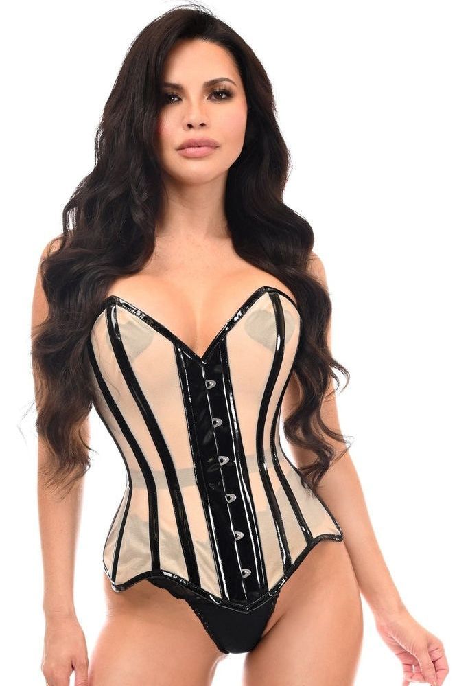 Top Drawer Blush Beige Mesh & Black Patent Steel Boned Corset