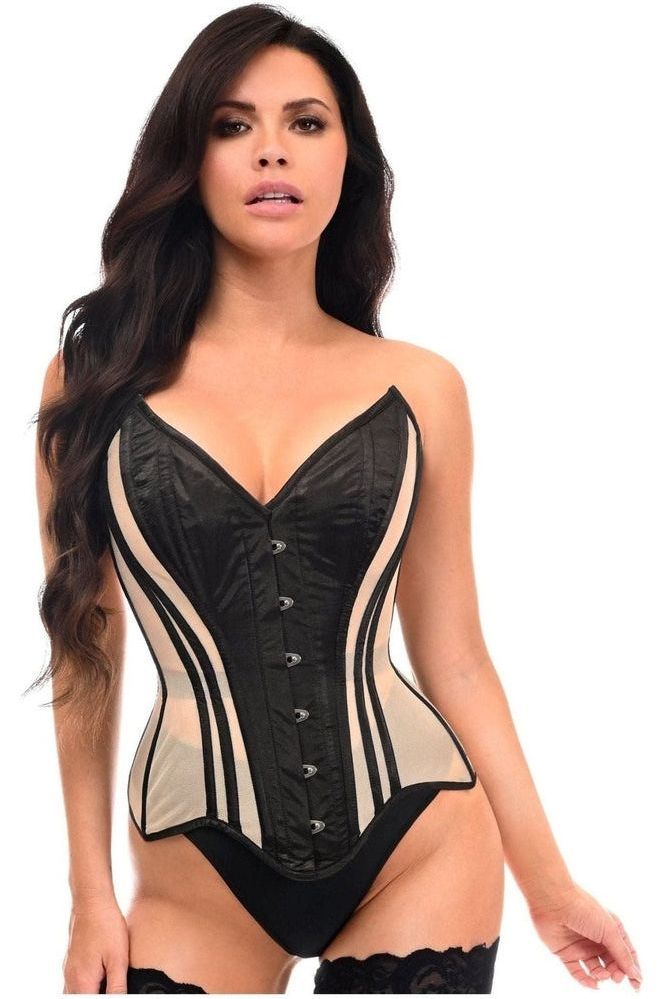 Top Drawer Blush Beige Mesh & Black Satin Steel Boned Overbust Corset