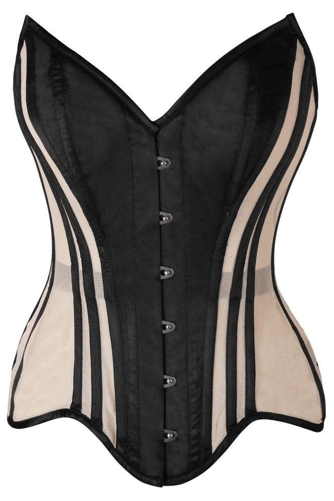 Top Drawer Blush Beige Mesh & Black Satin Steel Boned Overbust Corset