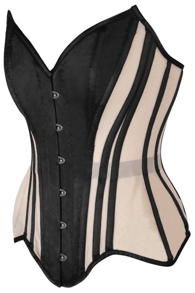 Top Drawer Blush Beige Mesh & Black Satin Steel Boned Overbust Corset