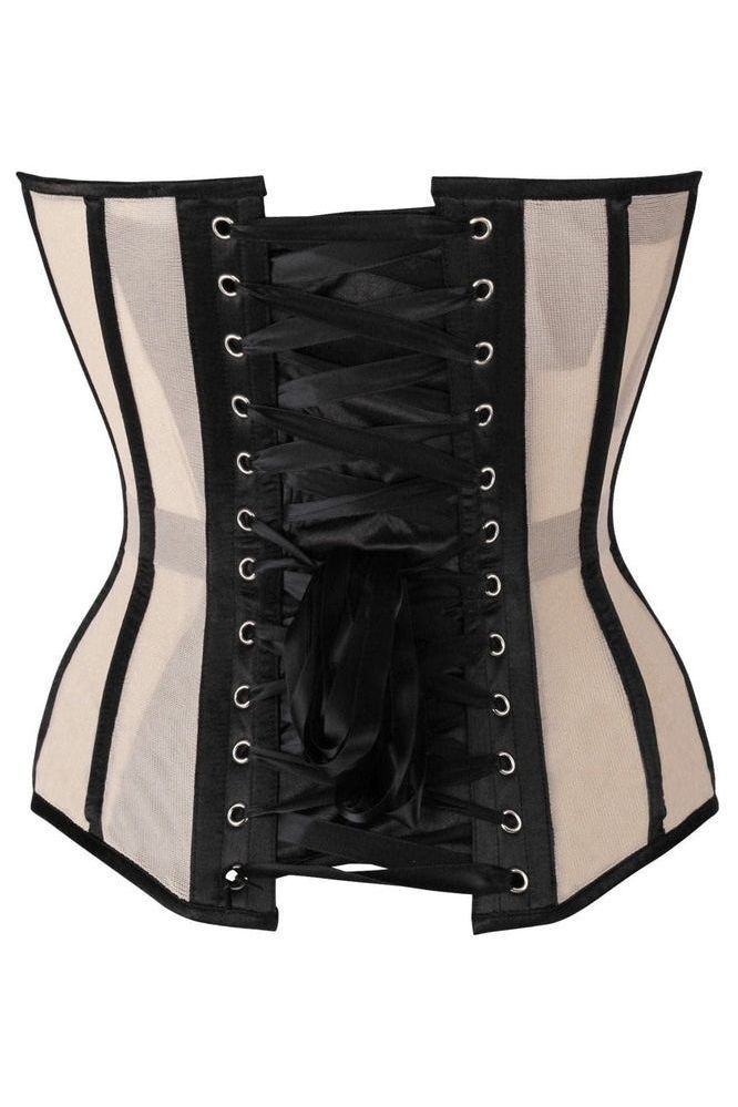 Top Drawer Blush Beige Mesh & Black Satin Steel Boned Overbust Corset