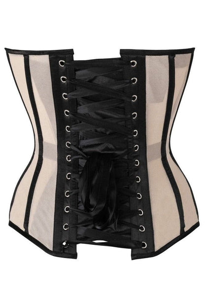 Top Drawer Blush Beige Mesh & Black Satin Steel Boned Overbust Corset