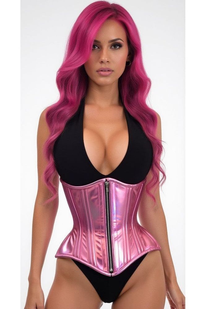 Top Drawer Pink Holo Double Steel Boned Underbust Waist Cincher Corset