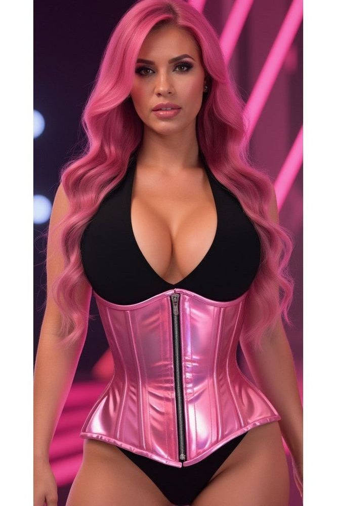 Top Drawer Pink Holo Double Steel Boned Underbust Waist Cincher Corset