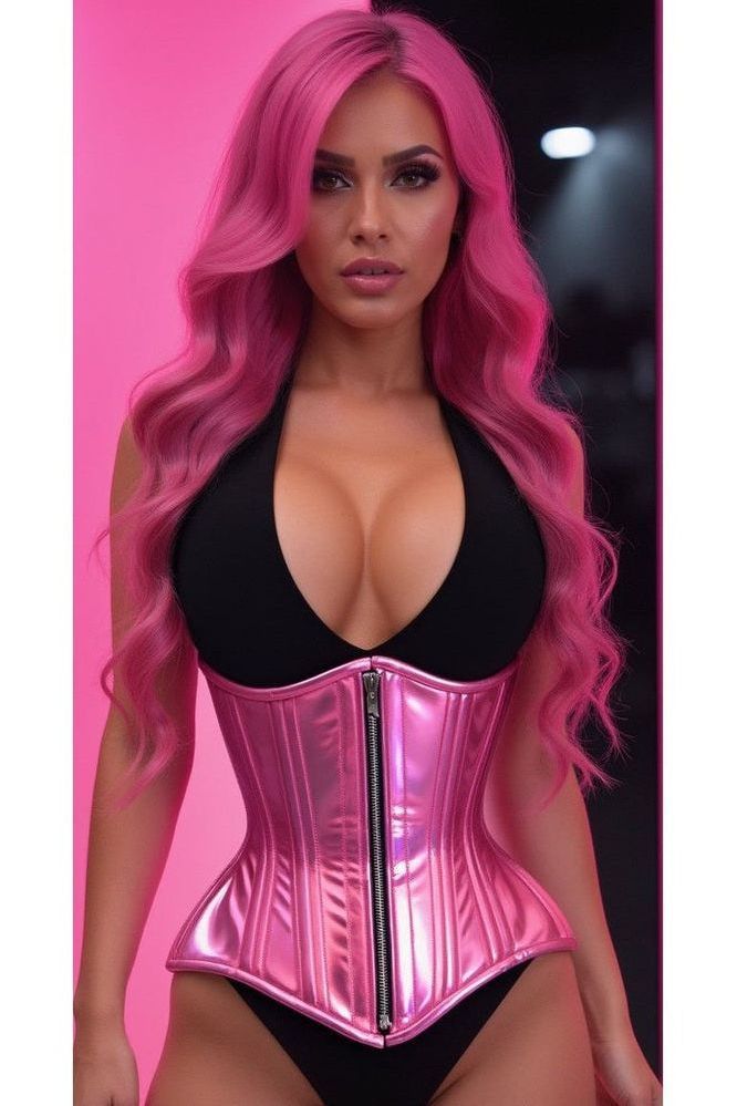 Top Drawer Pink Holo Double Steel Boned Underbust Waist Cincher Corset