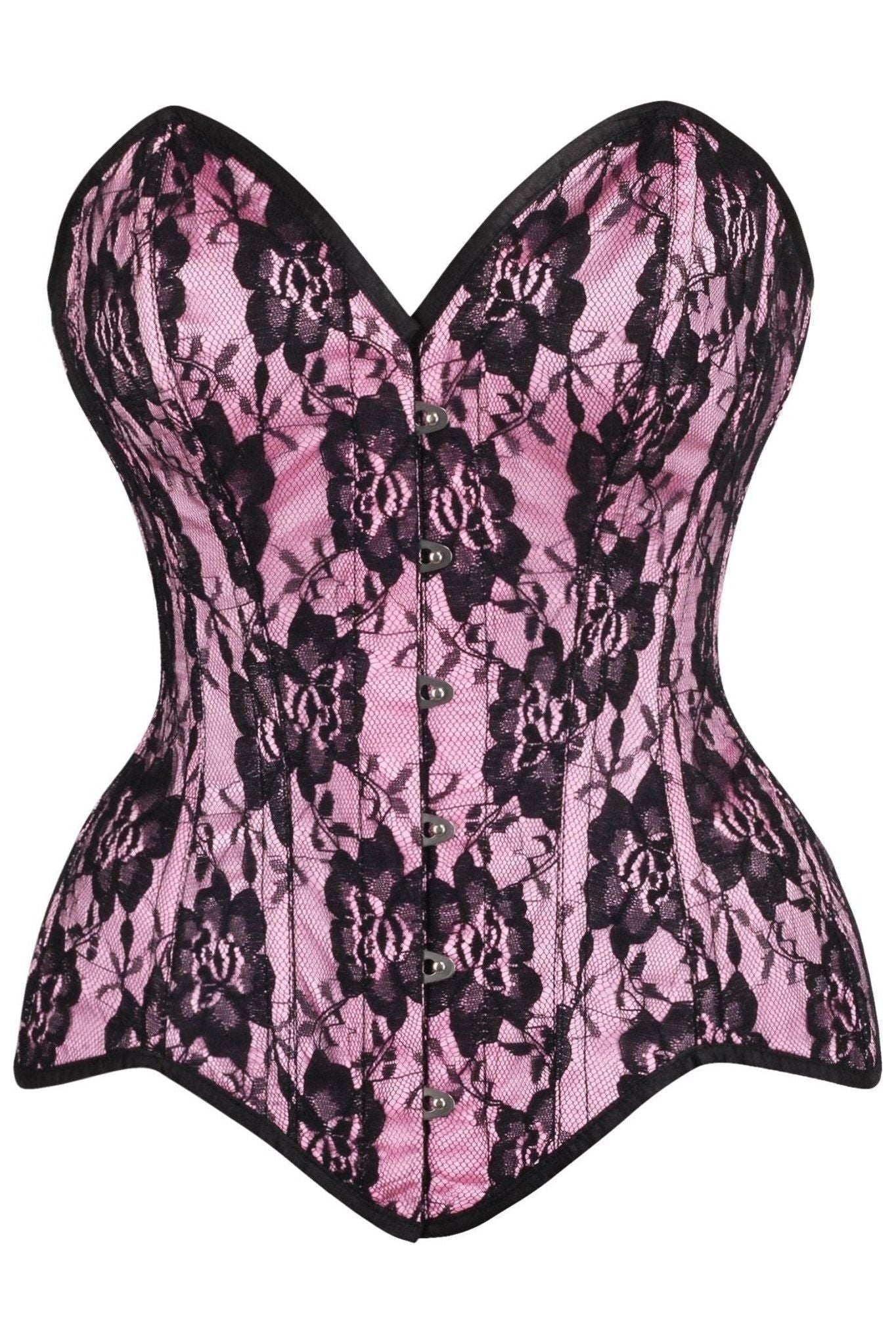 Top Drawer Pink Satin w/Black Lace Overlay Steel Boned Overbust Corset.