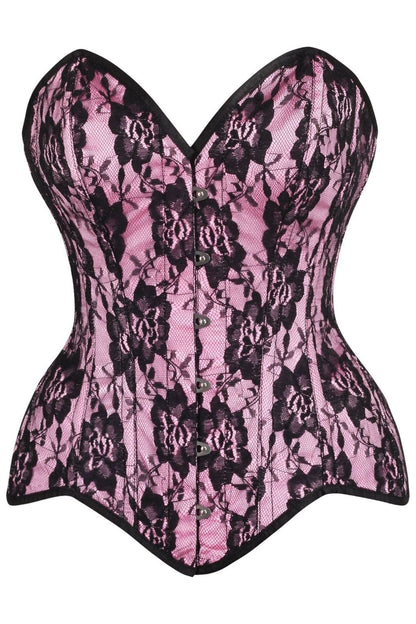 Top Drawer Pink Satin w/Black Lace Overlay Steel Boned Overbust Corset.
