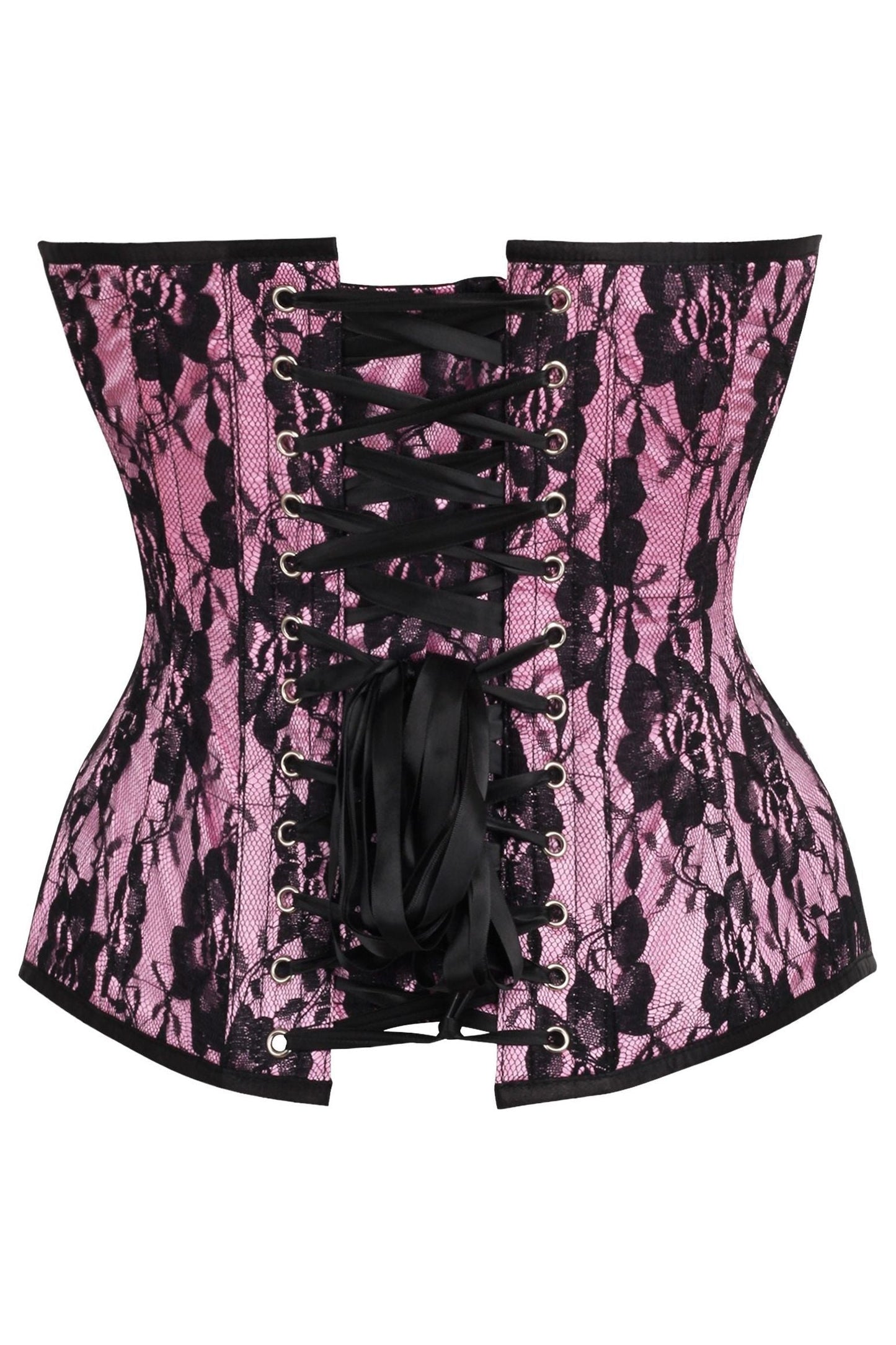 Top Drawer Pink Satin w/Black Lace Overlay Steel Boned Overbust Corset.